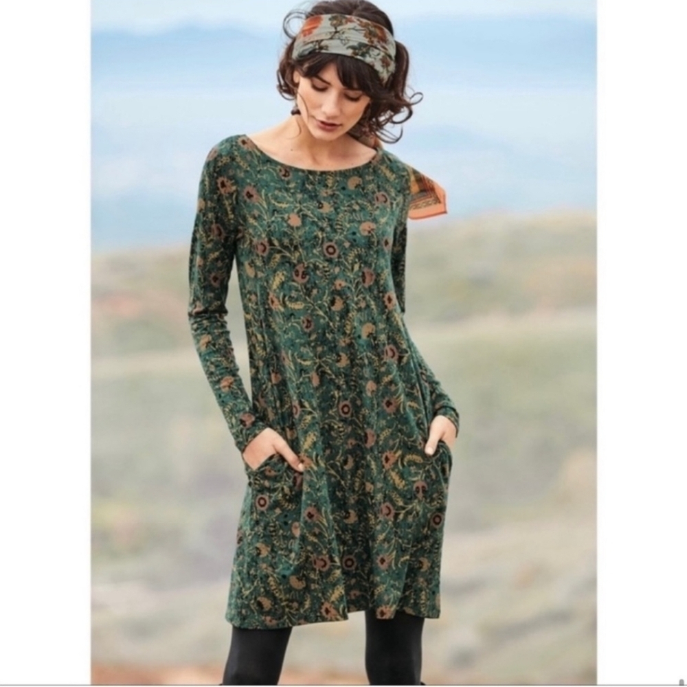 Peruvian Connection Orla Long Sleeve Green Floral Mini Tunic Dress Size XS